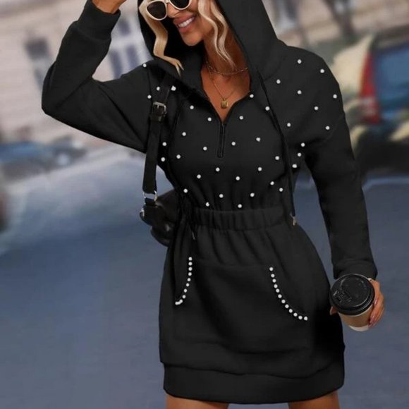 black Elastic Waist Drawstring Hoodie Long sleeved Pearls Beaded Mini Dress - Picture 3 of 5